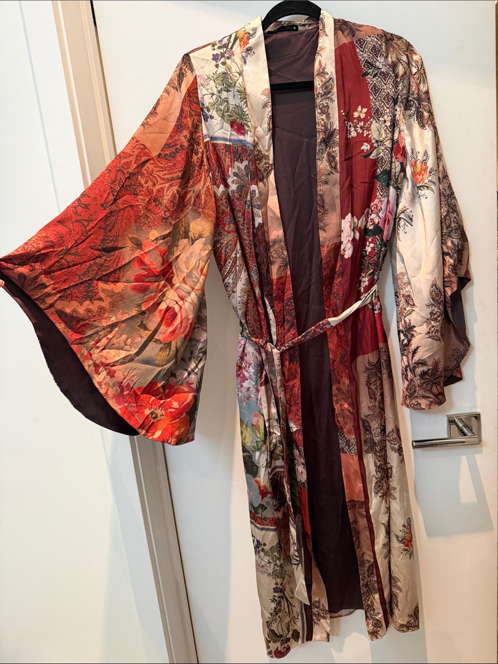 Zara Red Multi Floral Patchwork Satin Kimono Robe